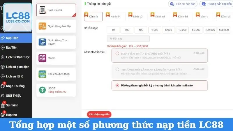 Tổng hợp một số phương thức nạp tiền LC88